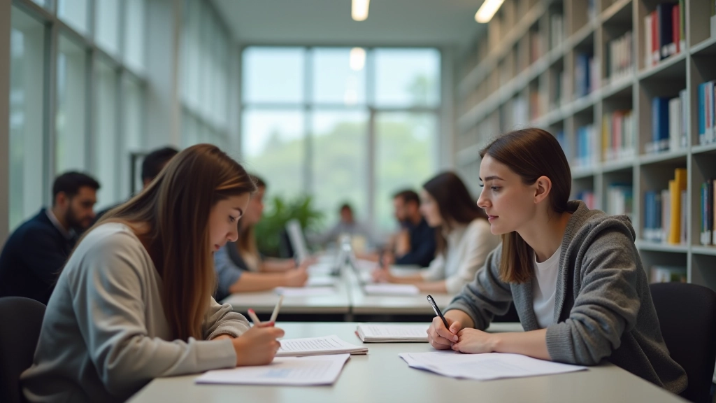 Ambiente académico moderno com estudantes em estudo colaborativo