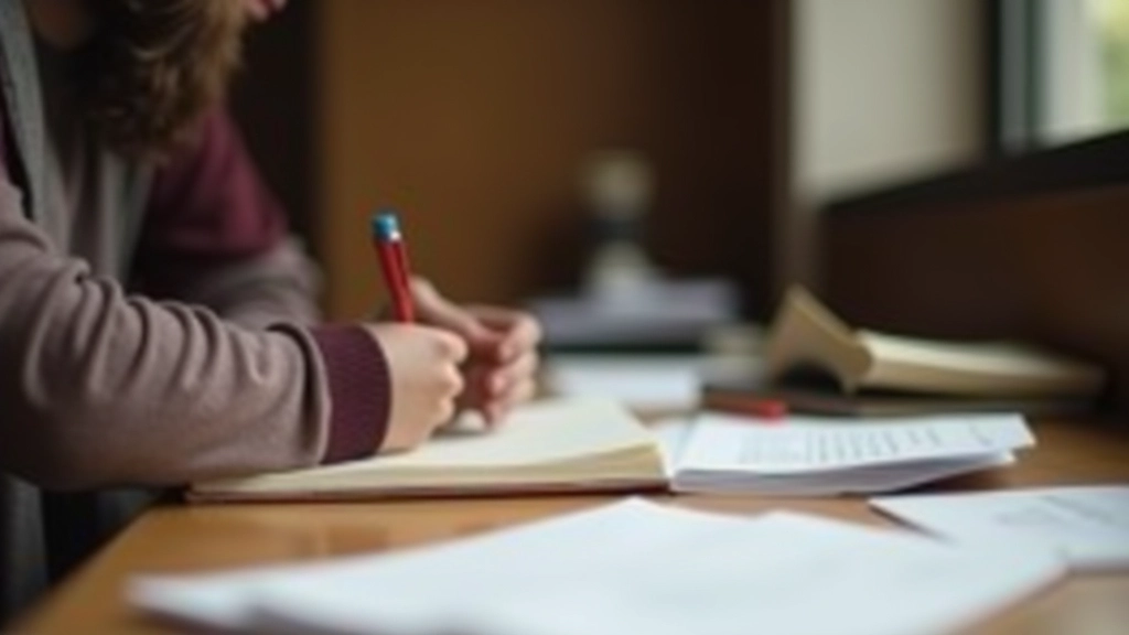 Pessoa a escrever notas académicas num caderno com pesquisa visível