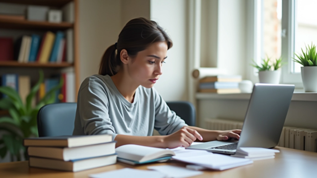 Estudante universitário sentado à secretária com múltiplos livros e computador aberto, ambiente de investigação académica