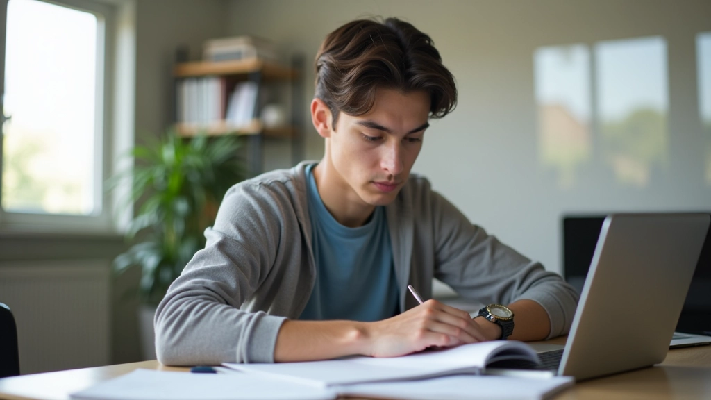 Estudante universitário a trabalhar em tese académica em inglês com materiais de pesquisa